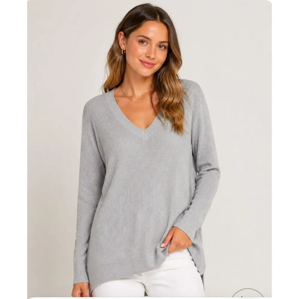 Cotton On Gray V-Neck Light Weight Knit Long Line Banded Sweater Jumper Large
